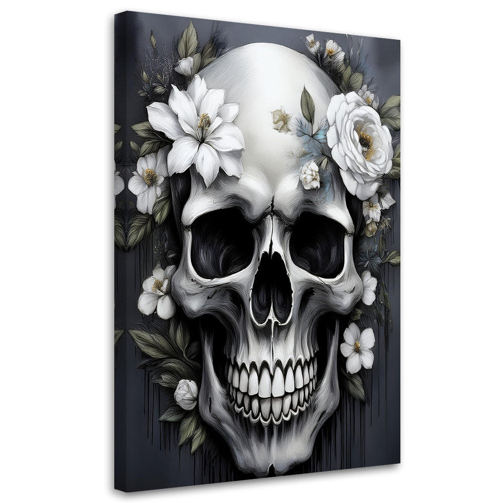 WANDBILD totenkopf mit weißen blumen - Grau, Textil (80/120cm) - Feeby
