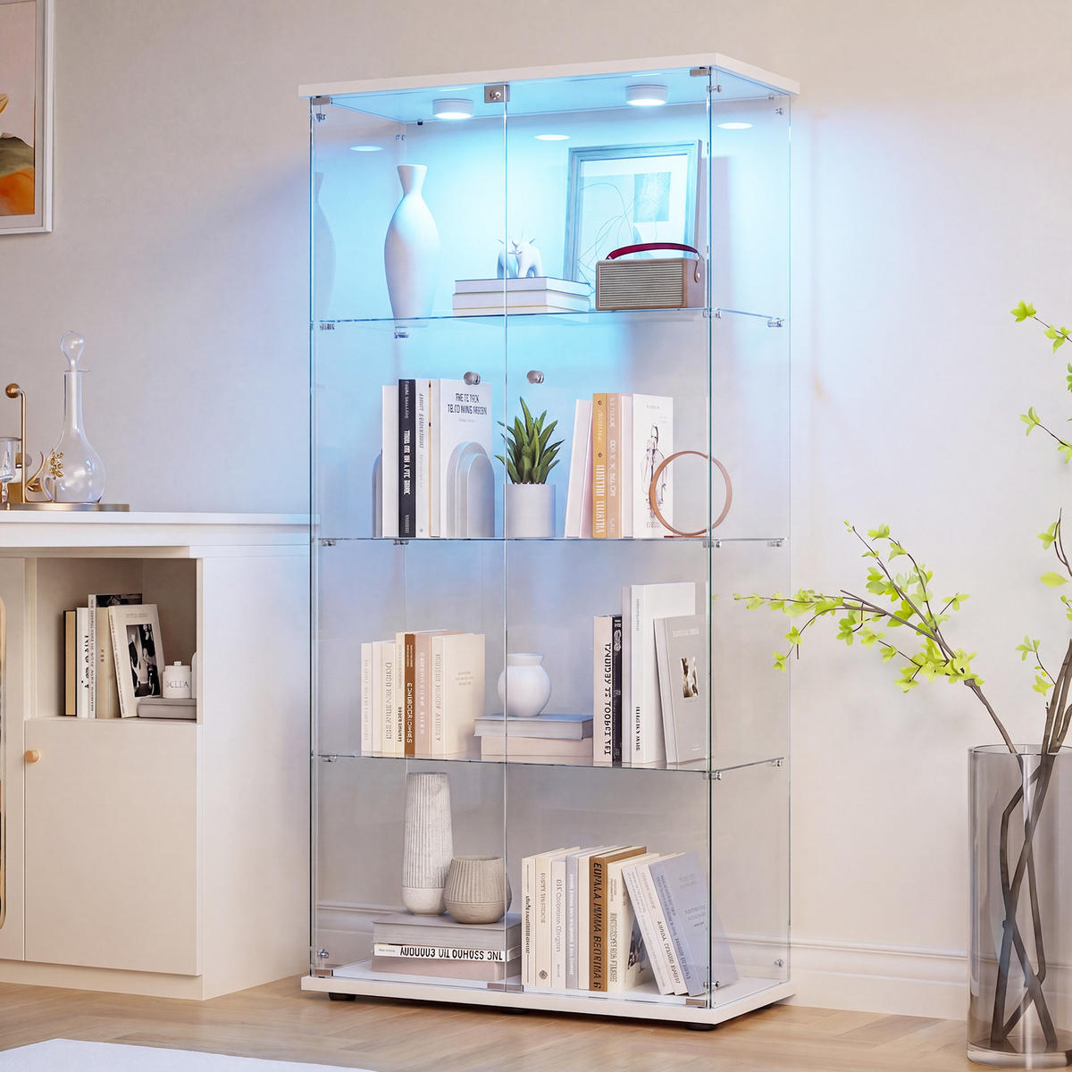 GLASVITRINE LED Weiß mit 2 Tür 4 Etagen mit Schloss,80.49x36.49x163.9cm - Weiß, Glas (36.49/163.9/80.49cm) - BPKADHY