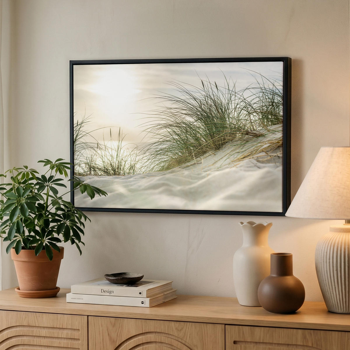 LEINWAND Bilder mit Rahmen - Dünen mit Strandhafer in der Sonne des Nationalparks Schleswig-Holsteinisches Wattenmeer - 60x40 - Creme, Textil (60/40cm) - MuchoWow