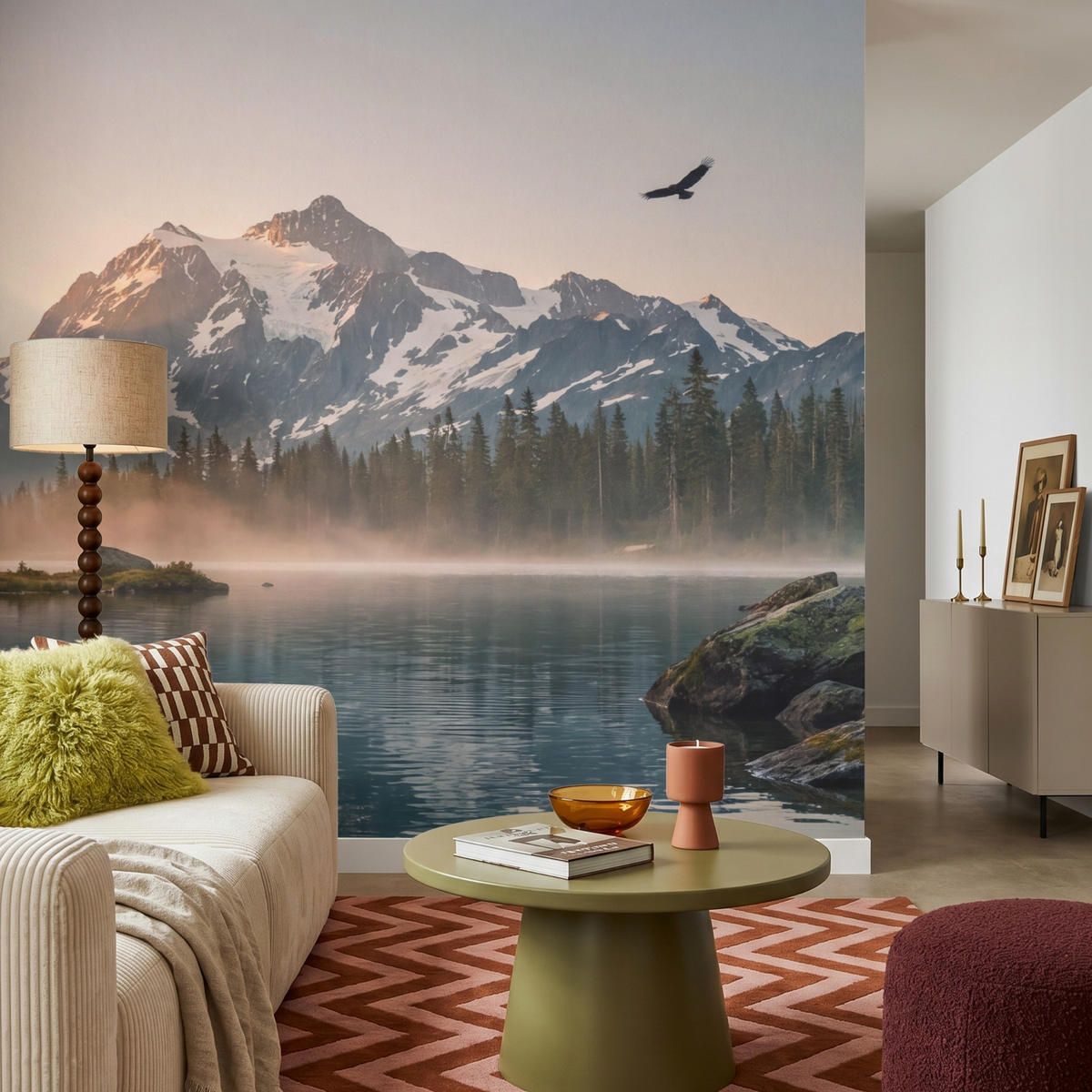 TAPETE - Berge - Wasser - Bäume - 200x220 cm - Multicolor, Papier (200/220cm) - OnlyWow