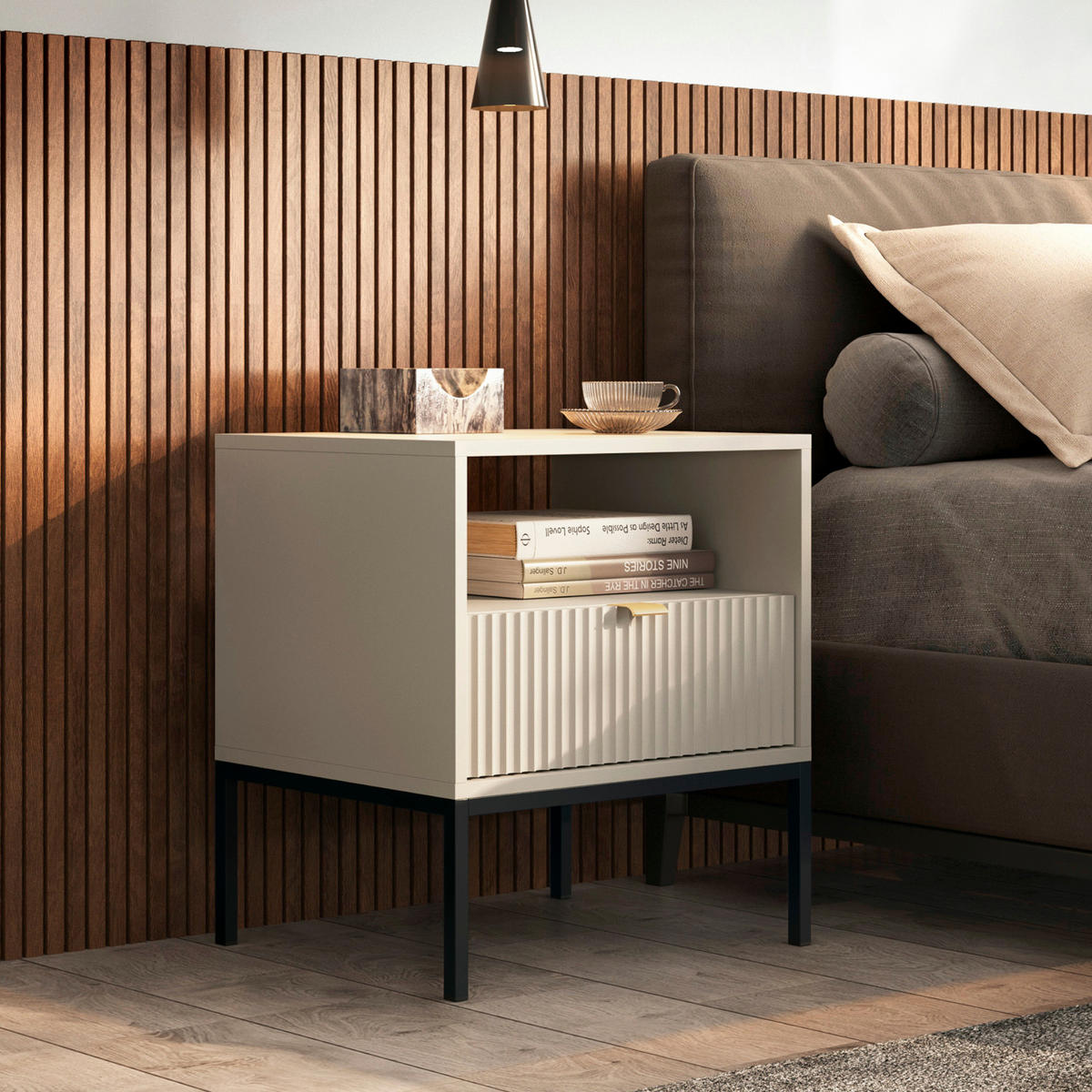 NACHTTISCH NANAIMO STO2-1S Profilierte Fronten, Kaschmir - Kaschmir, Holzwerkstoff/Kunststoff (54/56/39cm) - Komodee