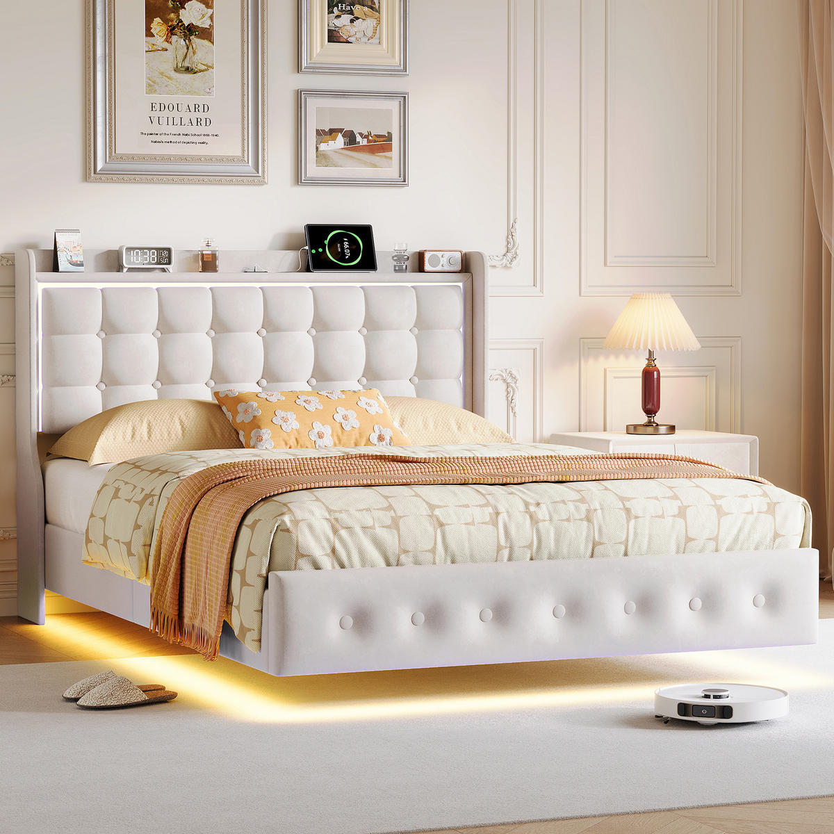 POLSTERBETT 140x200 cm mit LED und USB, Doppelbett mit Lattenrost und Kopfteil, Samtbezug, Weiße - Weiß, Holzwerkstoff/Textil (140/200cm) - GENKI LIVING