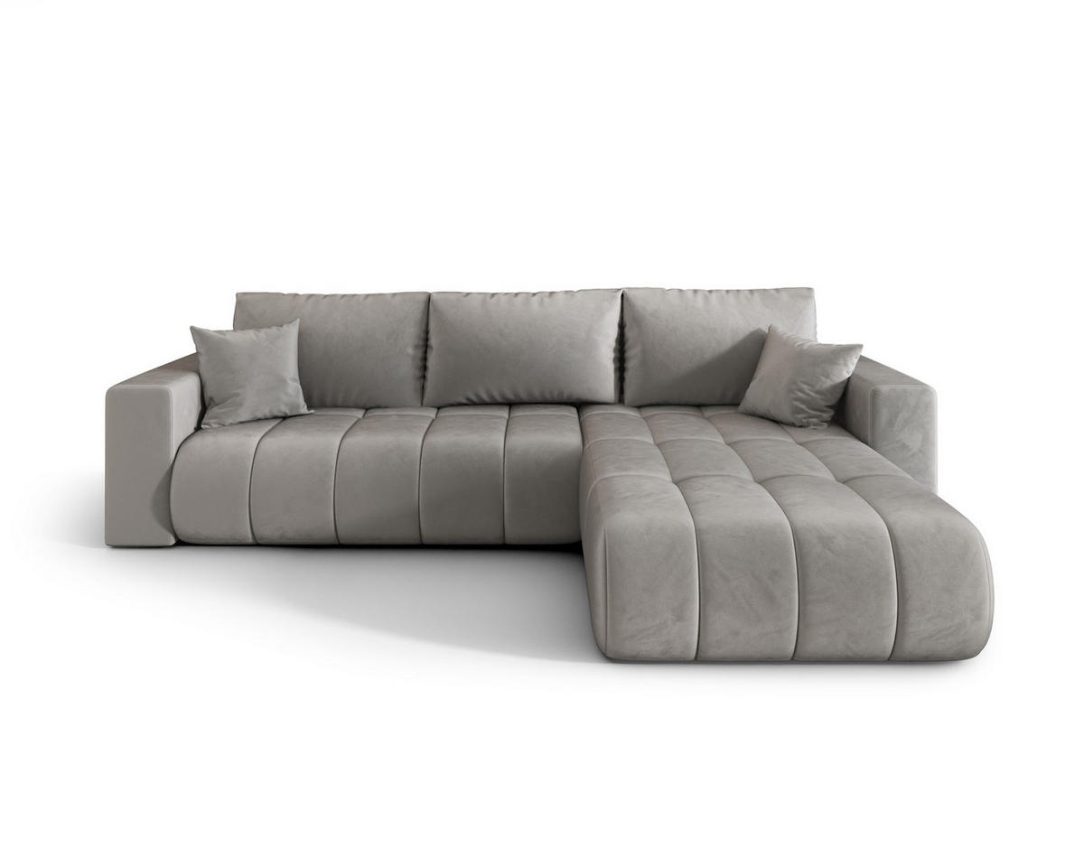 ECKSOFA LARA PREMIUM rechts hellgrau Velours Monolith 84 - Schlaffunktion, Bettkasten - Hellgrau, Textil (280/174cm) - Cornero