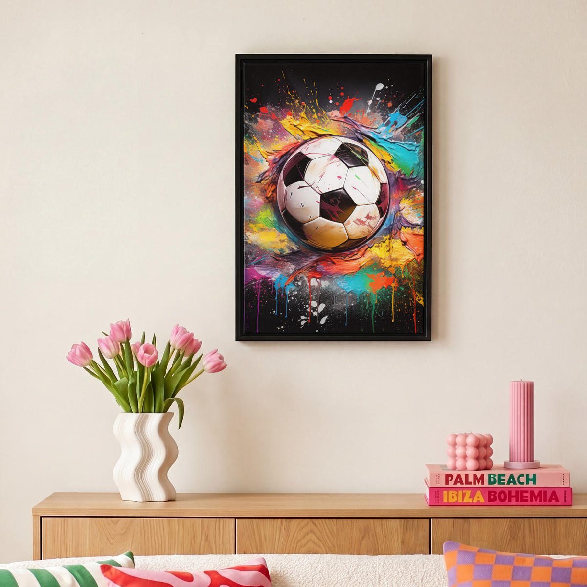 LEINWAND Bilder mit Rahmen - Fußball - Farbe - Farben - Schwarz - Weiß - 20x30 - Weiß, Textil (20/30cm) - MuchoWow