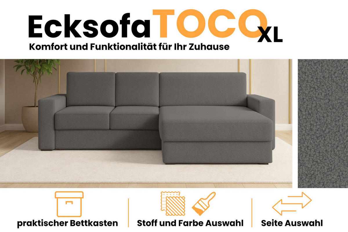 ECKSOFA TOCO XL 275/170 cm in Boucle Dunkelgrau rechts - Creme, Holz/Holzwerkstoff (275/170cm) - Deine Möbel 24