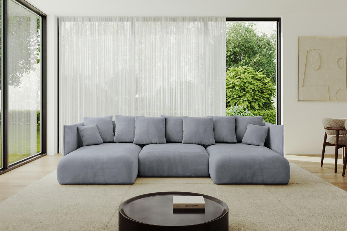 WOHNLANDSCHAFT mit Schlaffunktion und Bettkasten ONESK-U 304x165x40 Hellgrau Velours - Hellgrau, Holzwerkstoff/Kunststoff (304/90/165cm) - ALTDECOR