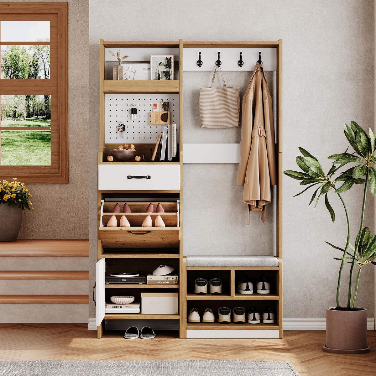 GARDEROBE Schuhschrank Sitzbank Haken Eiche Weiß Modern - Multicolor, Holzwerkstoff (108.5/180/35cm) - FLIEKS