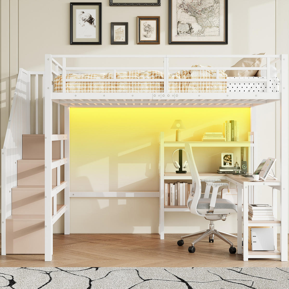 HOCHBETT 140/200 cm in Weiß mit Schreibtisch, Ablagefächern, LED und USB - Weiß, Holzwerkstoff/Metall (140/200cm) - WISHDOR