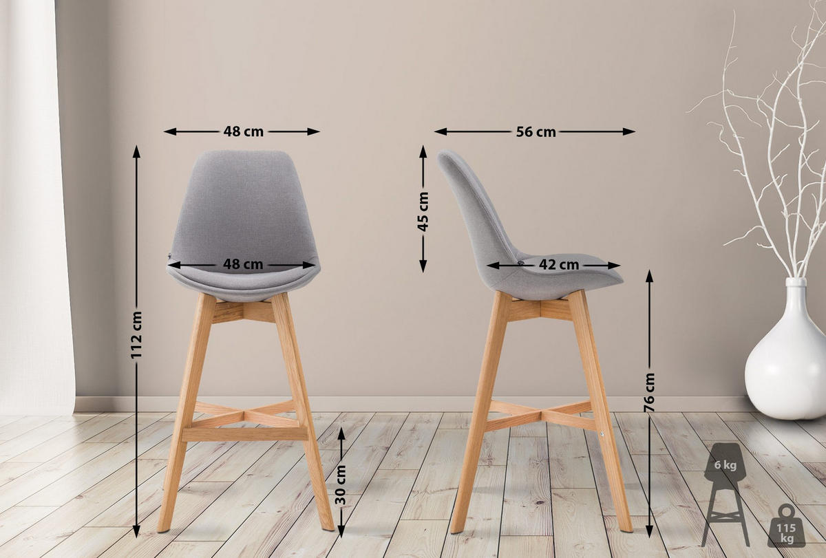 BARHOCKER 2er Set Stoff grau - Eukalyptusholzfarben/Grau, Holz/Textil (48/112/56cm) - CLP