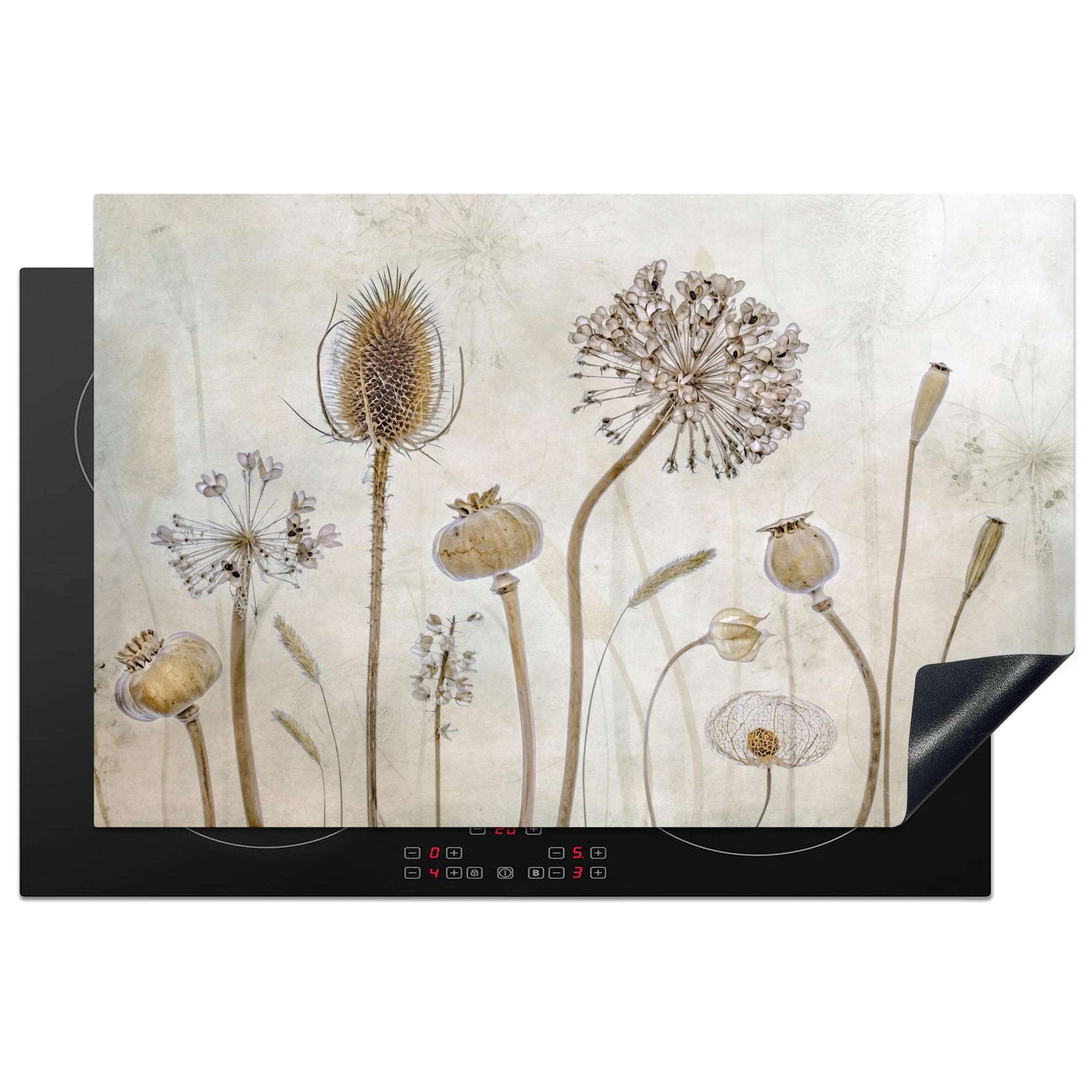 HERDABDECKPLATTE Blumen - Aquarell - Stilleben - Braun - Vintage 81x52 cm - Sandfarben, Kunststoff (81.6/0.2/52.7cm) - MuchoWow