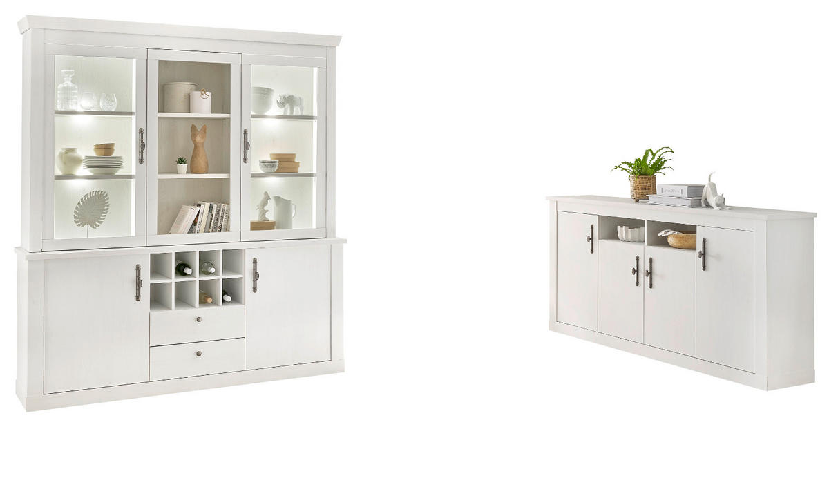 ESSZIMMER-SET Esszimmer Set 2-teilig weiß Pinie Landhaus, Soft-Close-Funktion - Silberfarben/Weiß, Glas/Holzwerkstoff (394/205/45cm) - Furn.Design