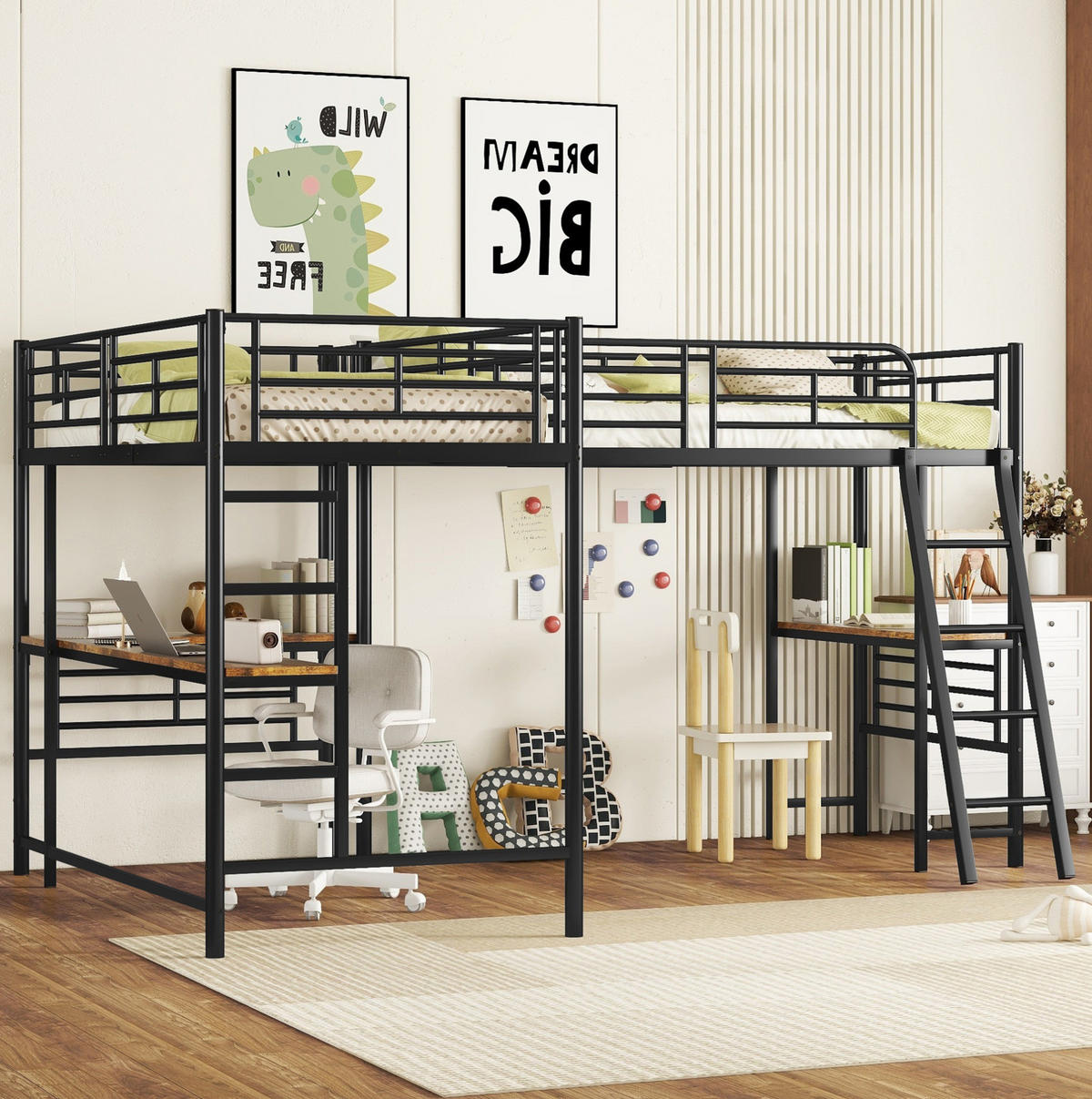 HOCHBETT 297,5/205,2/170 cm aus Metall und MDF mit Schreibtisch und Doppeltreppe Schwarz - Schwarz, Metall (90/200cm) - Modenvie
