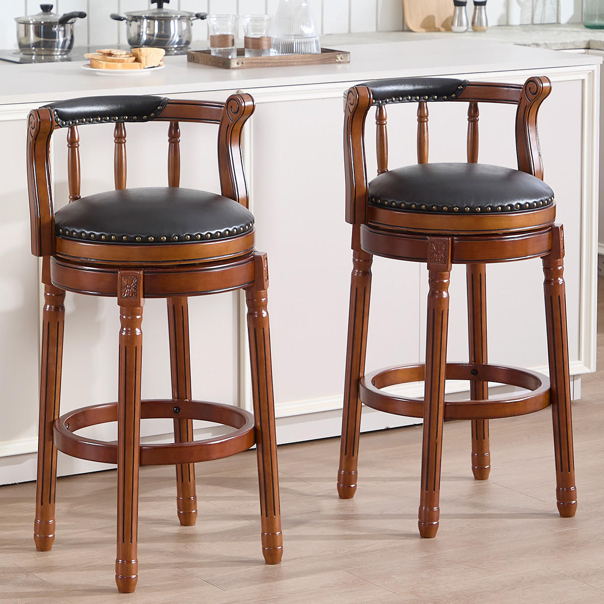 BARHOCKER 1er-Set Schwarz mit Echtleder und Rückenlehne - Schwarz, Holz (54.8/96/54.8cm) - PANGIVO