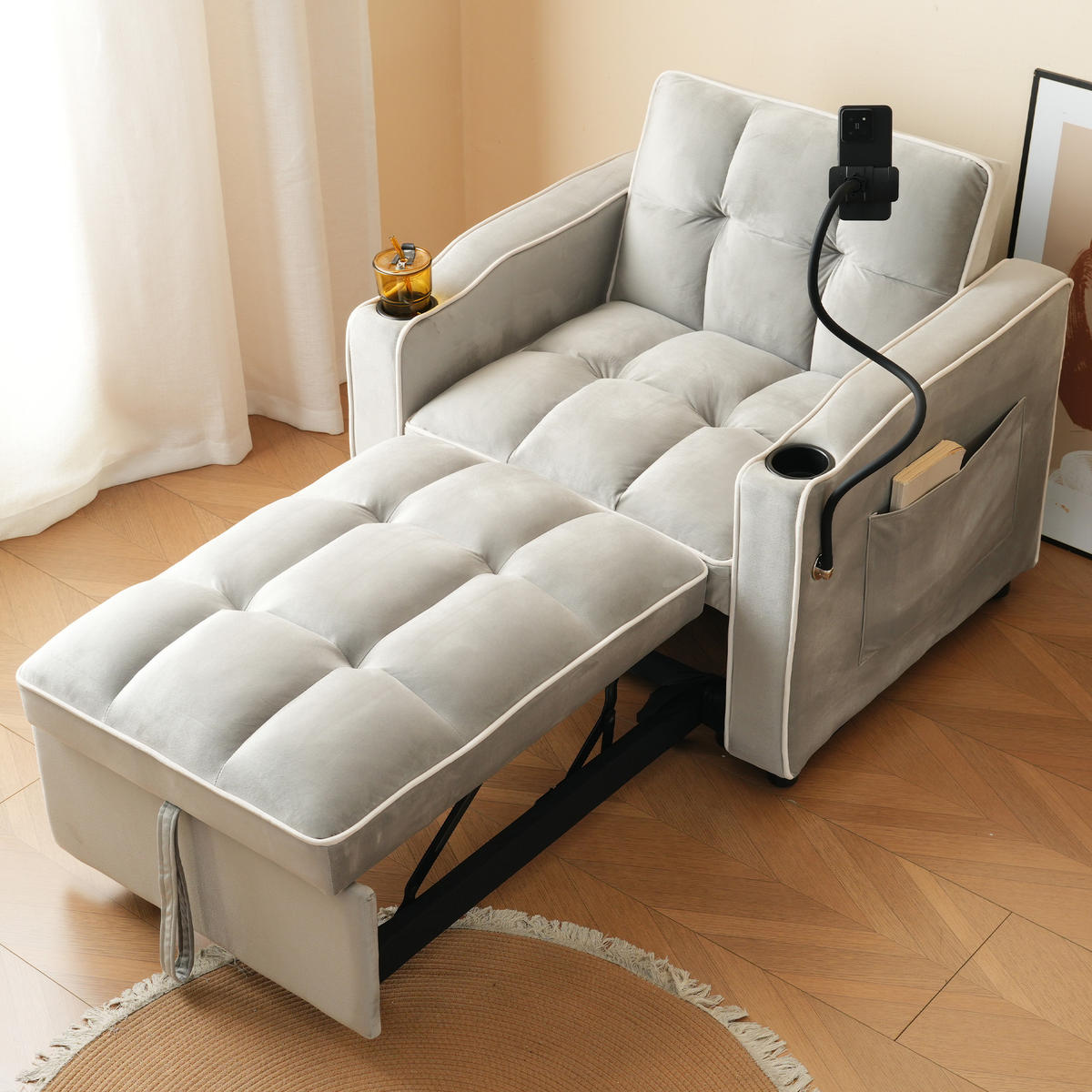 SCHLAFSESSEL Samt mit Getränkehaltern und Handyhalter Antik Grau Weiß 83/167/76 cm - Grau, Textil (83/76/167cm) - Redom