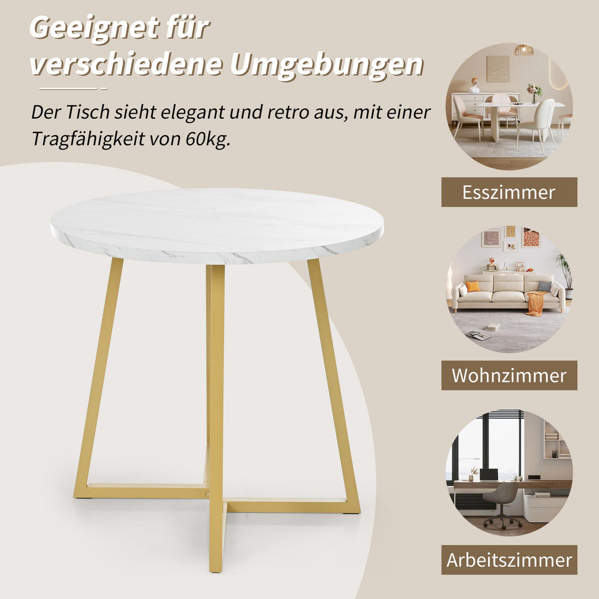 ESSTISCH Marmoroptik Weiß/Goldfarben 80/75 cm - Weiß, Holz (80/80/75cm) - PANGIVO