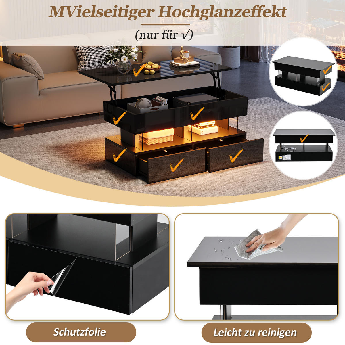 COUCHTISCH DE-37106 höhenverstellbar mit LED und 2 Schubladen Schwarz - Schwarz, Holzwerkstoff (100/50/46cm) - ComfortXL