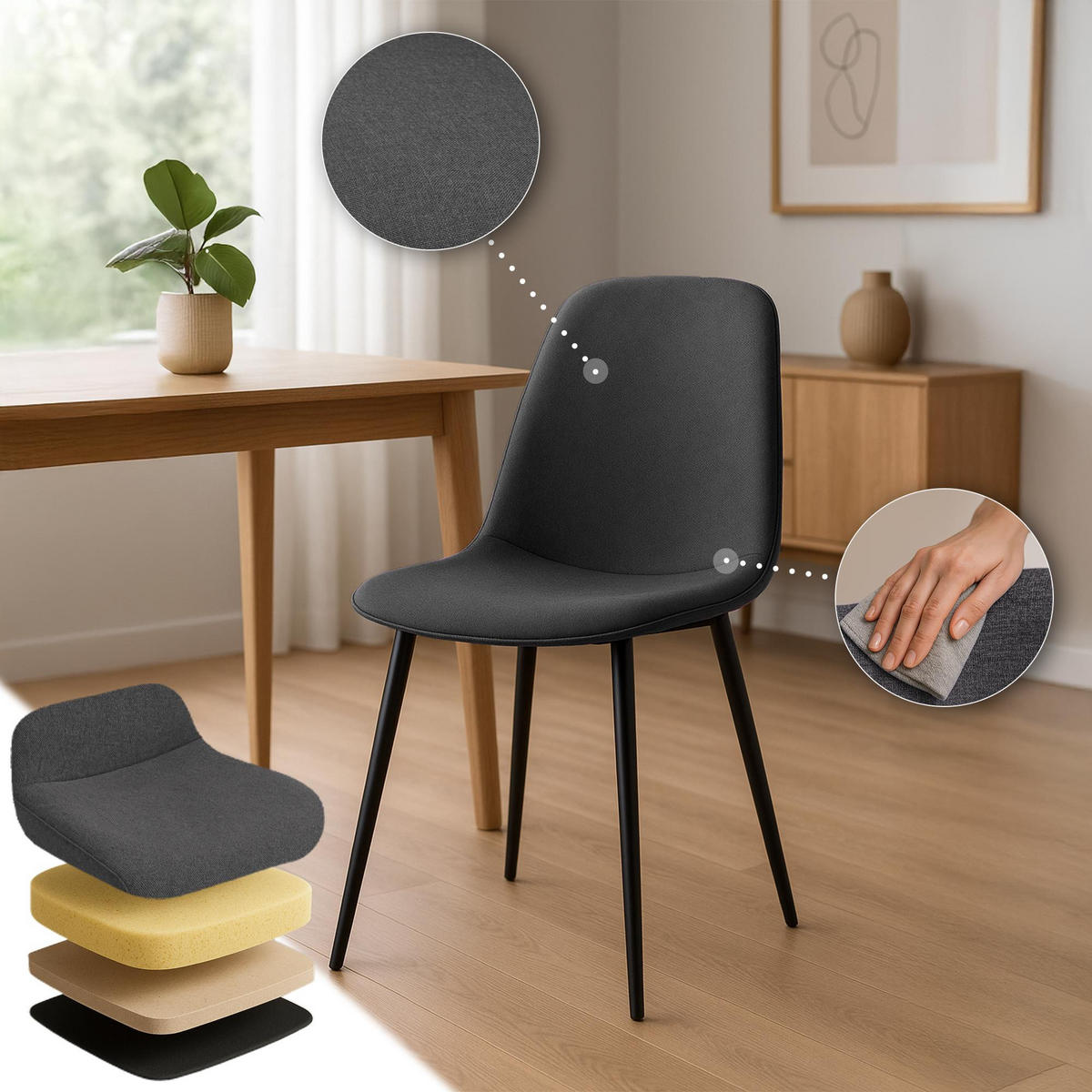 ESSZIMMERSTUHL 4er Set Stoff Dunkelgrau - Dunkelgrau/Schwarz, Textil/Metall (45/88/54cm) - CLP