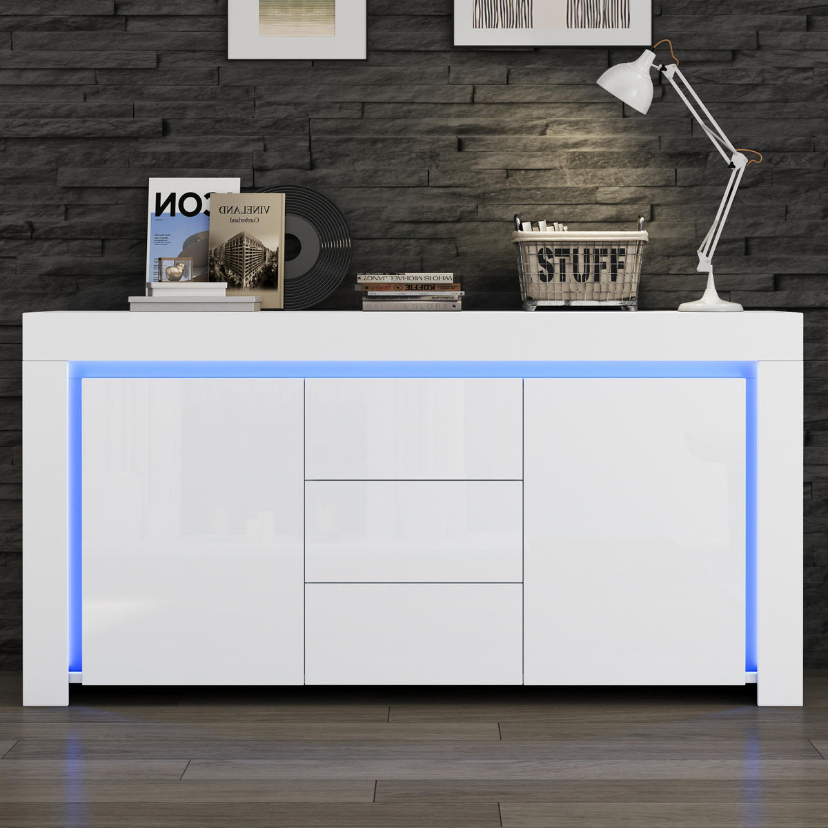 SIDEBOARD aus MDF 140x40x65 cm Weiß mit LED-Beleuchtung, 2 Türen, 3 Schubladen und Hochglanzfront - Weiß, Holzwerkstoff (140/65/40cm) - Modfu