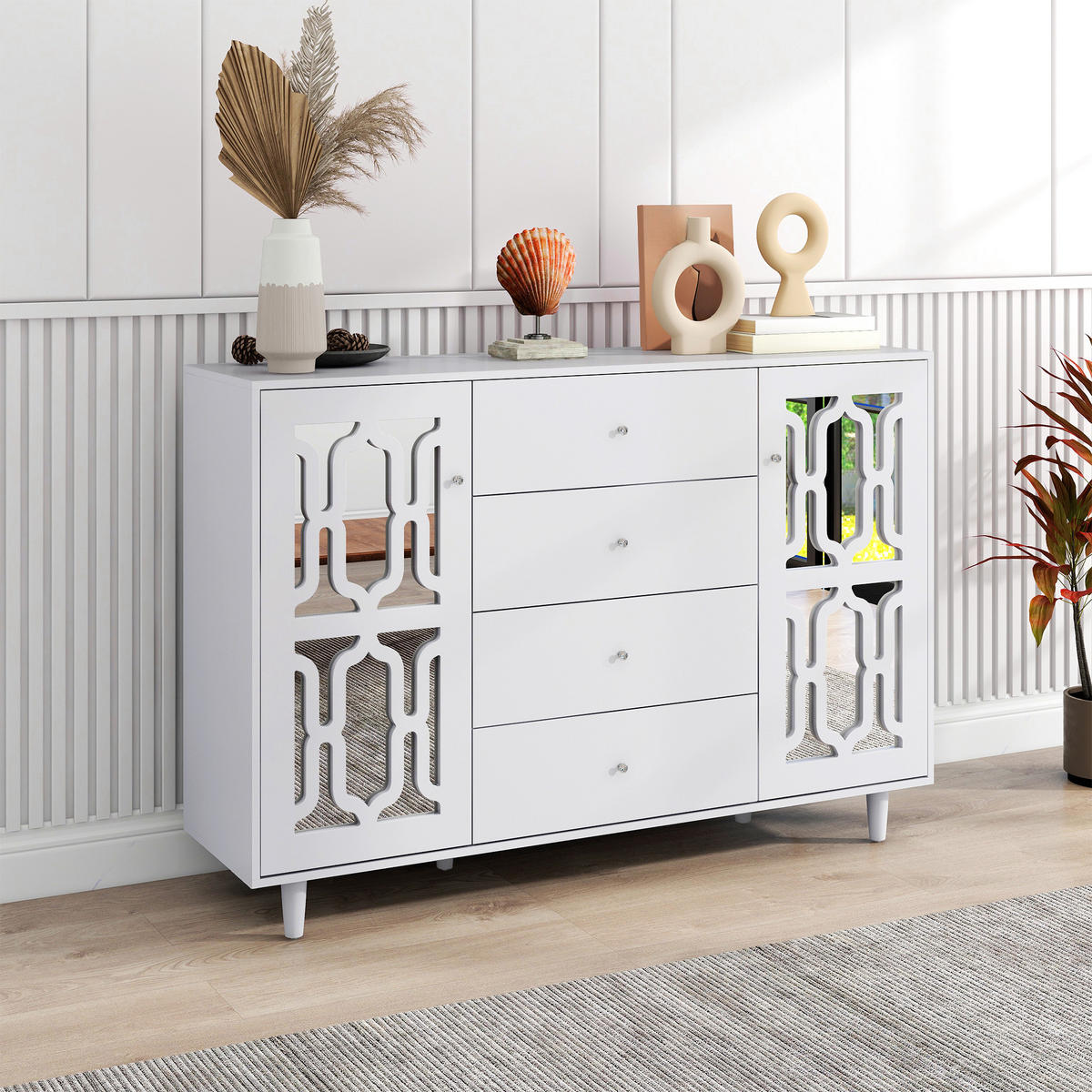 SIDEBOARD DE-38896 147,5/40/102 cm 2 Türen und 4 Schubladen Weiß - Weiß, Holzwerkstoff (147.5/102/40cm) - ComfortXL