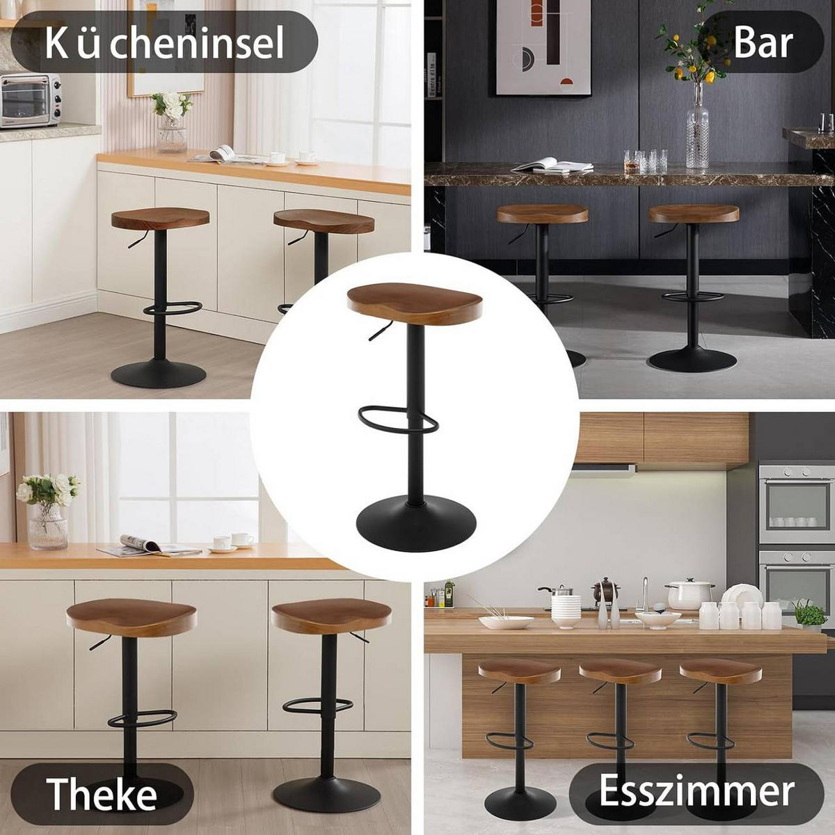 BARHOCKER 4er Set mit Sattelsitz, aus Massivholz, Braun - Schwarz/Braun, Holz/Metall (41.5/60/31.5cm) - Woltu