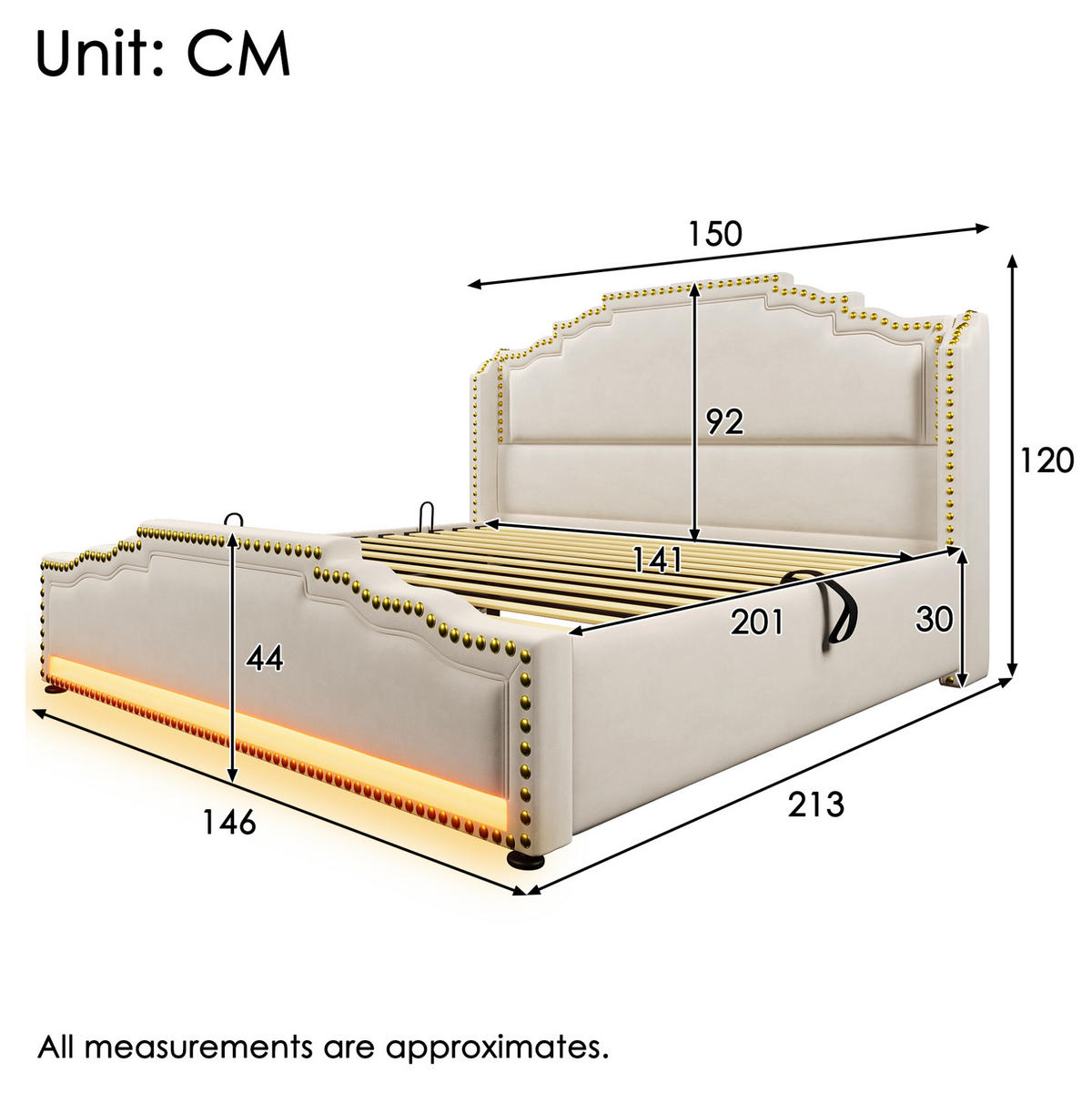 POLSTERBETT 140/200 cm Beige mit hydraulischem Stauraum und LED-Beleuchtung - Beige, Textil (140/200cm) - OKWISH