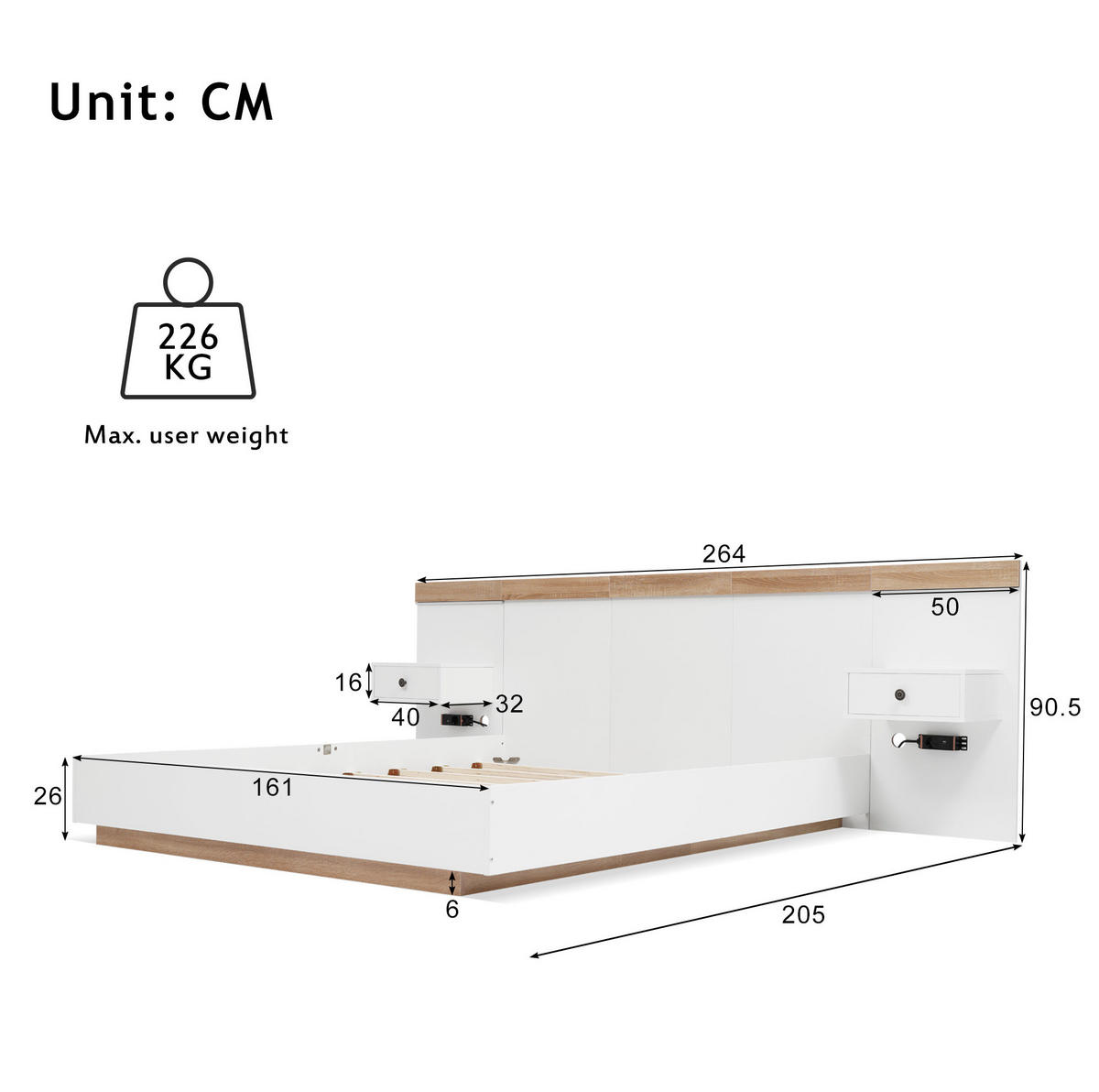 BETT 160/200 cm mit Kopfteil & 2 LED-Nachtkommoden inkl. Lattenrost - Weiß, Holzwerkstoff (160/200cm) - BEAOK