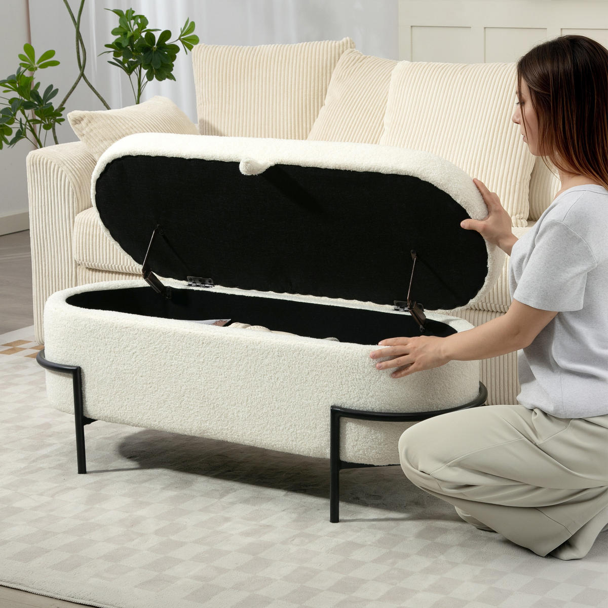 SITZBANK mit Stauraum Sitztruhe mit hochklappbarem Deckel, Fleece-Optik Creme - Creme/Schwarz, Textil (40/48/114.5cm) - HOMCOM