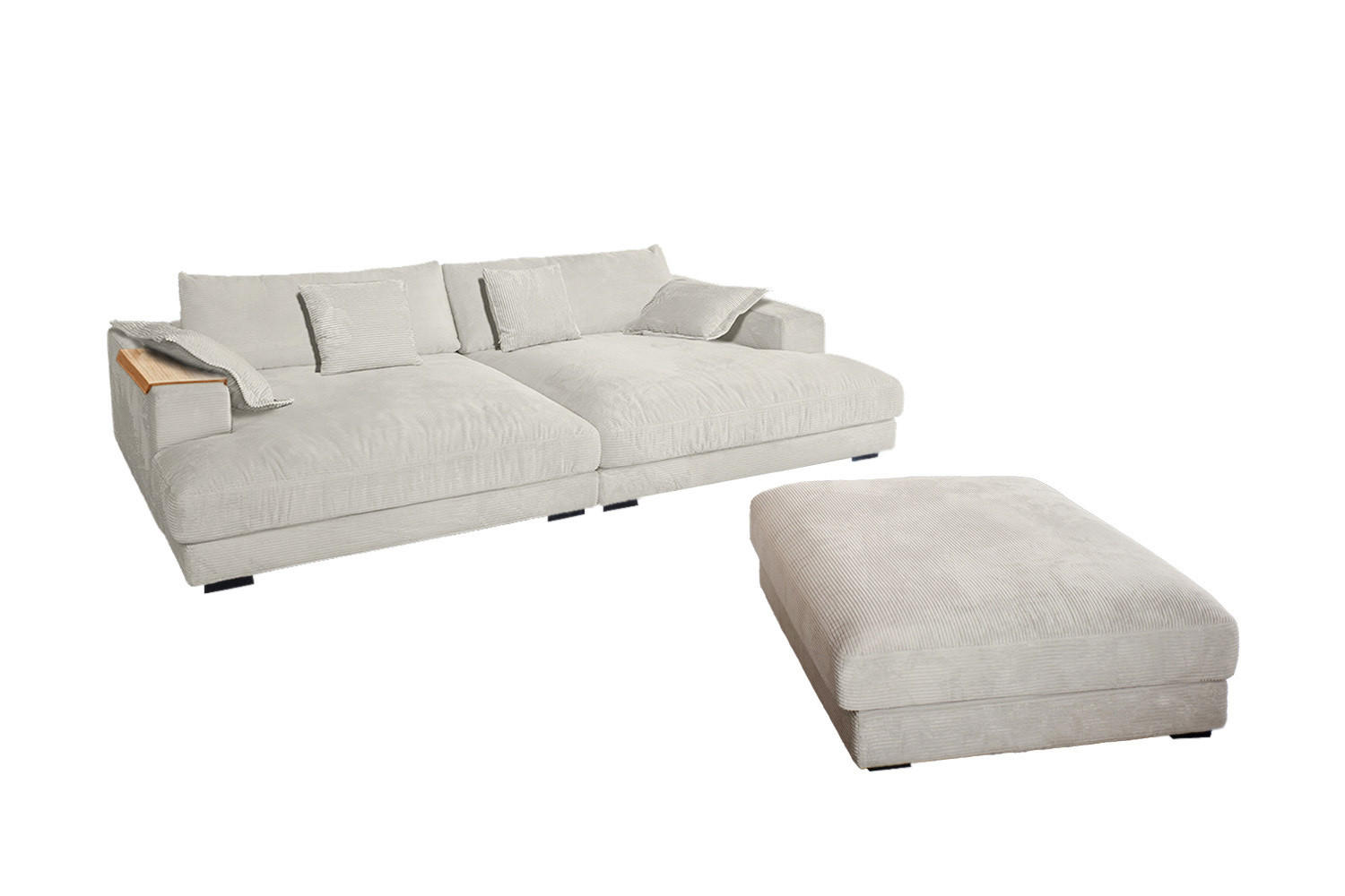 BIG SOFA-SET MIT TABLETT NATUR MADELINE Cremeweiß Cord - Creme/Schwarz, Kunststoff/Textil (290/85/170cm) - KAWOLA