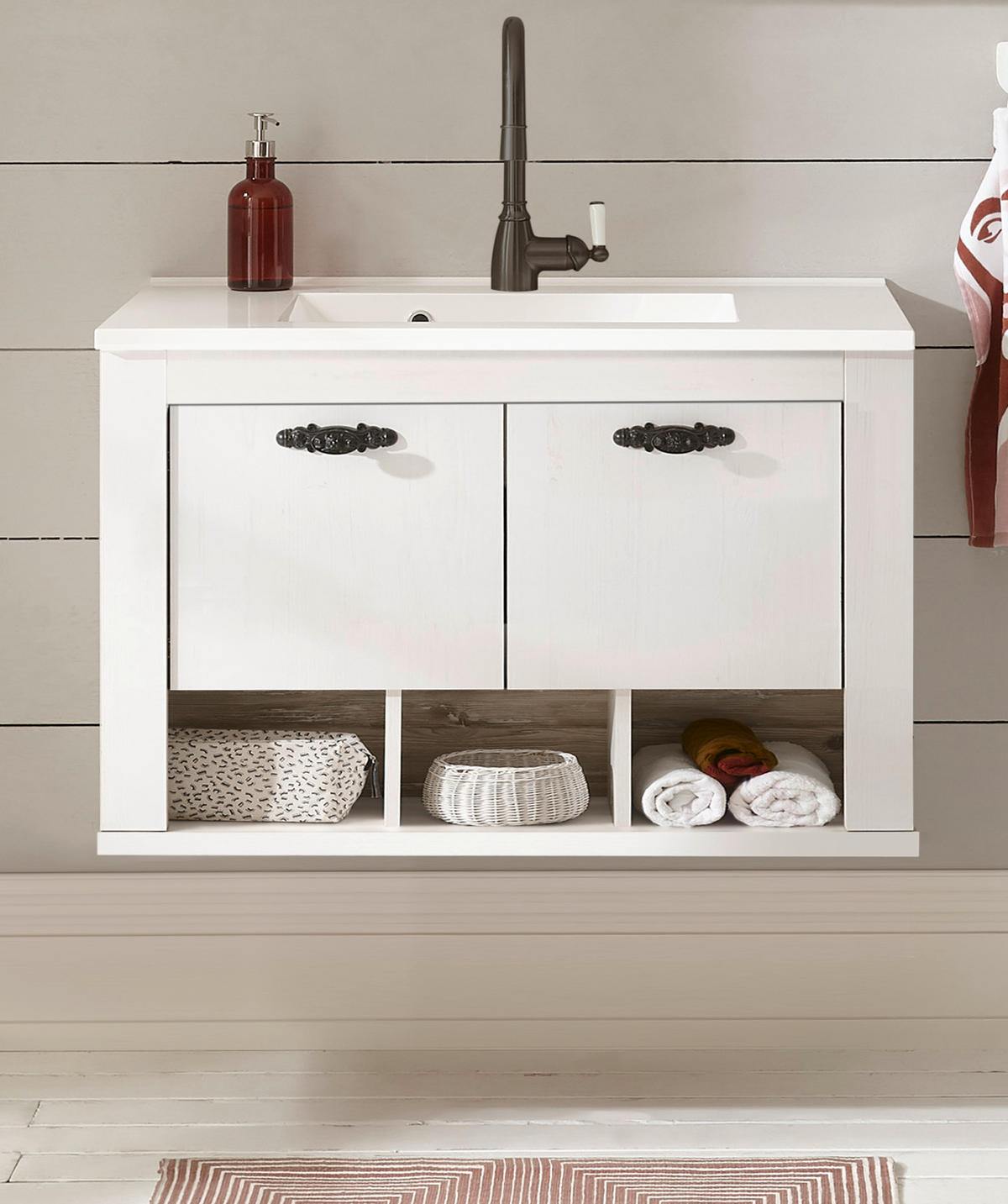 WASCHBECKENUNTERSCHRANK Waschbecken Pinie weiß, Oslo Pinie Landhaus, Waschtisch Set hängend - Dunkelgrau/Weiß, Holzwerkstoff/Metall (82/56/47cm) - Furn.Design