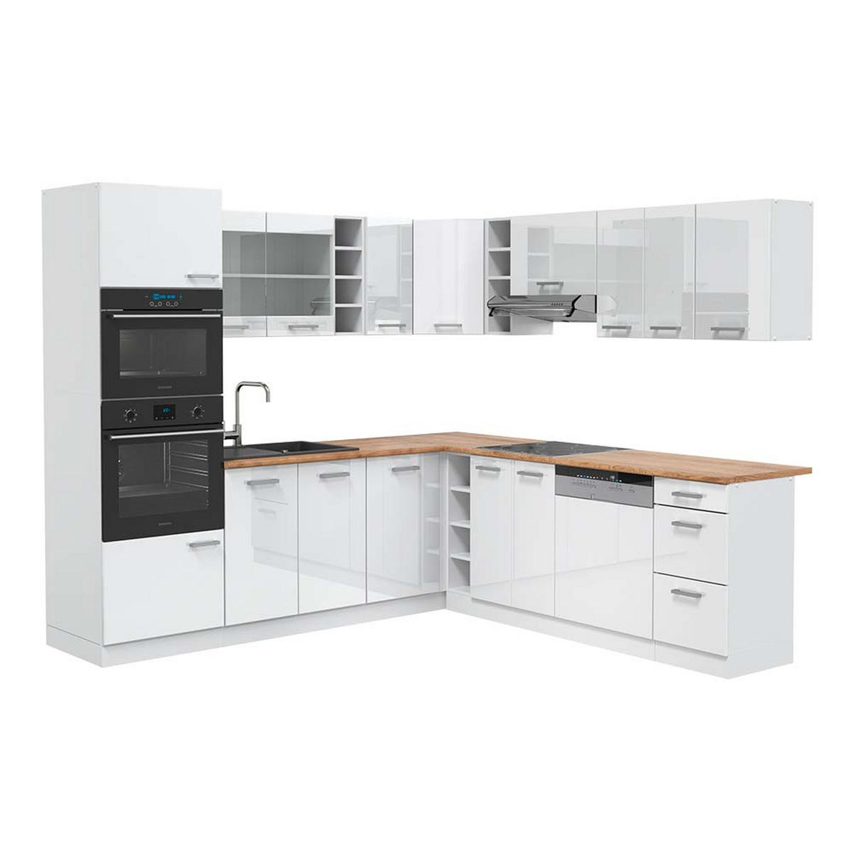 ECKKÜCHE R-Line Weiß Hochglanz/Weiß 237 x 247 cm, AP Eiche - Weiß Hochglanz/Weiß, Holzwerkstoff (247/81.6/60cm) - Vicco