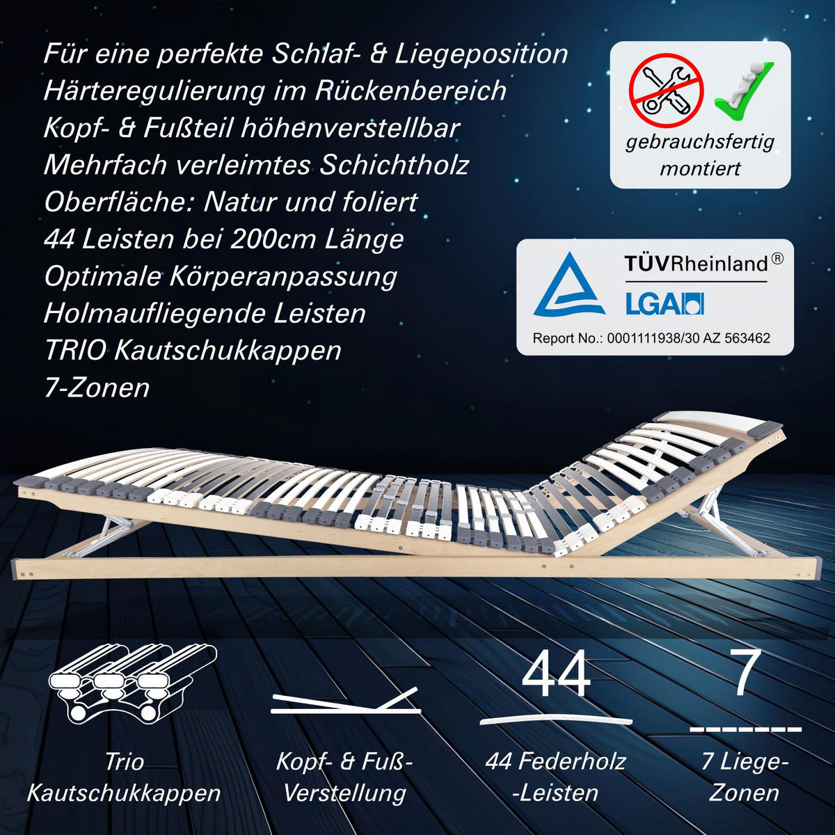 LATTENROST manuell Verstellbar 44 Leisten 70x200 cm 8,5 cm Hoch 7-Zonen bis 200 kg - Weiß/Naturfarben, Holz (70/200cm) - Matratzen Perfekt