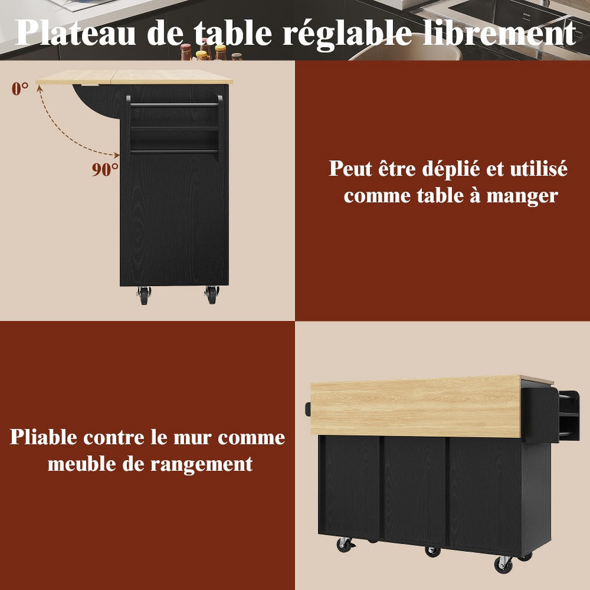 KÜCHENINSEL Klappbar, Speisewagen Mit Stauraum, MDF/Metall, Schwarz-Holzmaserung, 110/46/90,5 cm - Schwarz, Kunststoff (74/90.5/110cm) - Rolipo