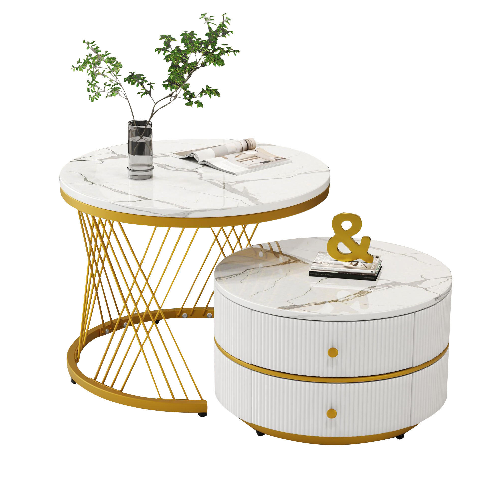 COUCHTISCH-SET 60/60/46 & 50/50/30,8 cm in Weiß mit Marmoroptik und 2 Schubladen - Weiß, Holzwerkstoff (60/60/46cm) - Flora Grace