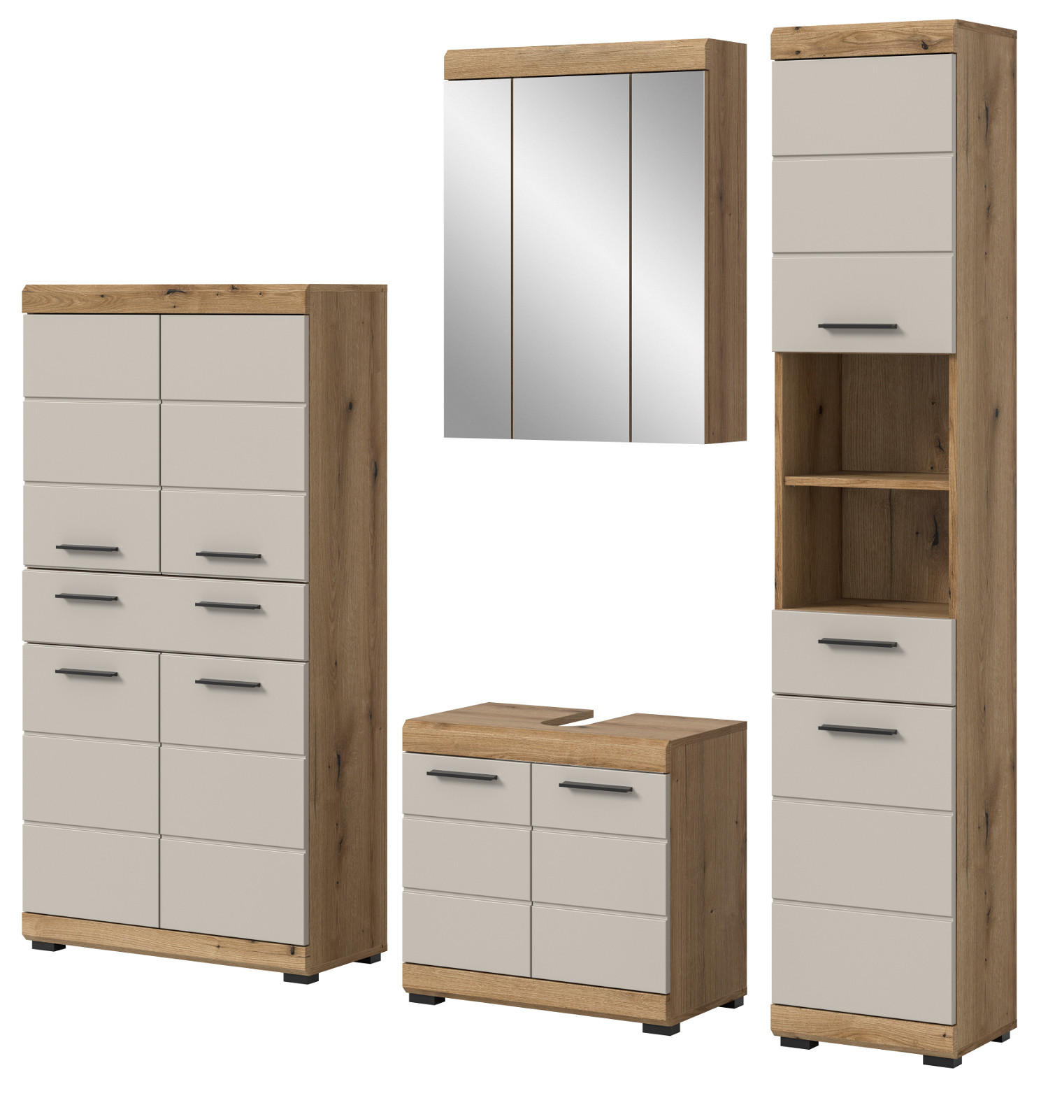 BADMÖBEL-SET Sand Kashmir, Evoke Eiche 4-teilig, Badkombination 201 cm - Kaschmir/Eichefarben, Glas/Holzwerkstoff (201/191/34cm) - Inn.Furn