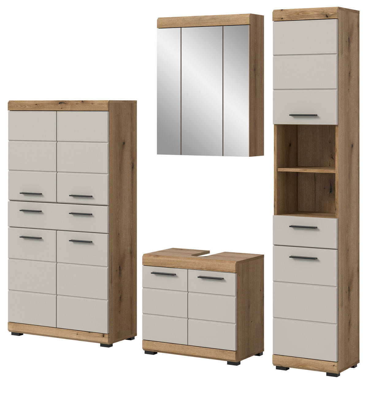 BADMÖBEL-SET Sand Kashmir, Evoke Eiche 4-teilig, Badkombination 201 cm - Kaschmir/Eichefarben, Glas/Holzwerkstoff (201/191/34cm) - Inn.Furn