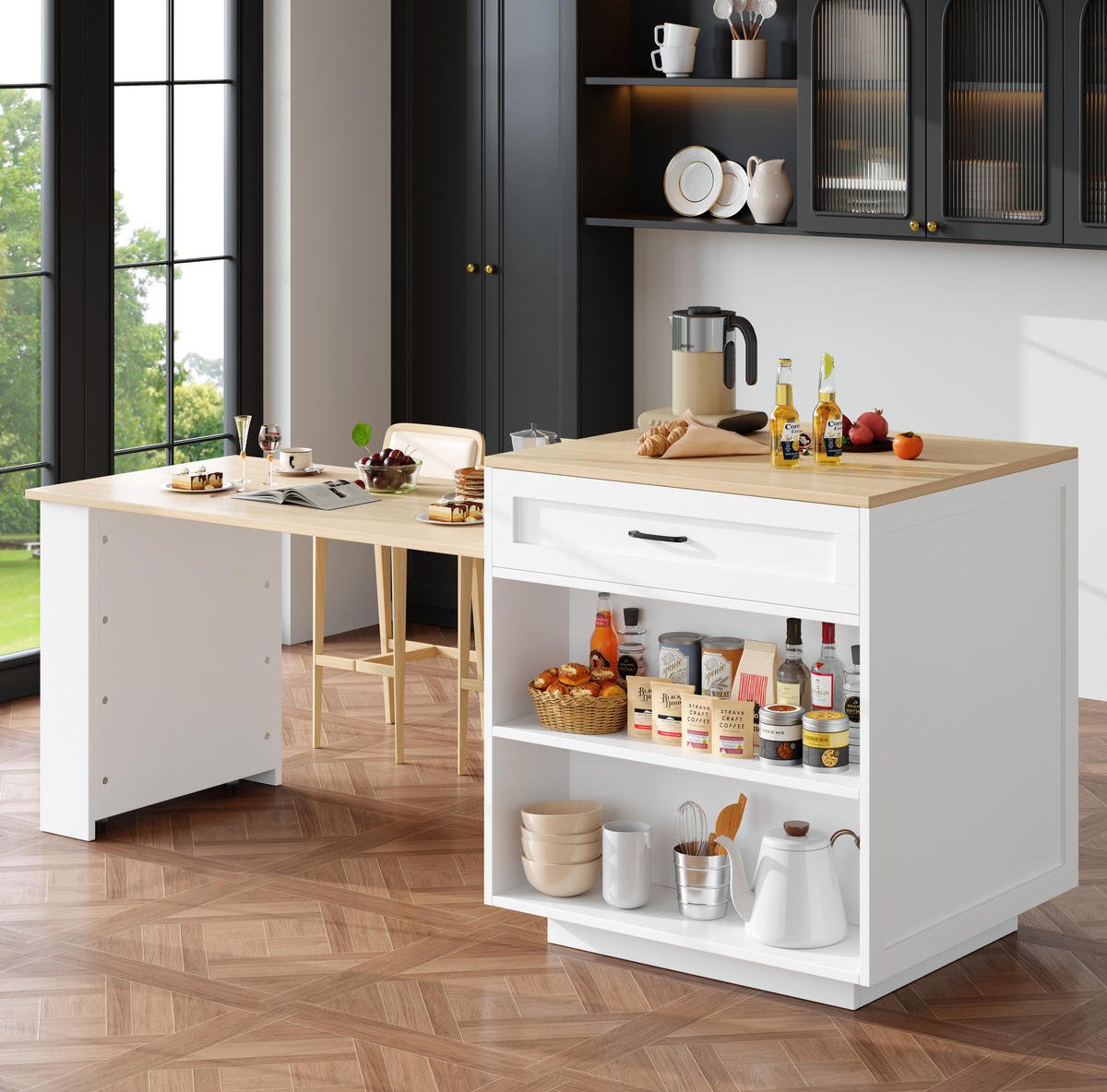 AUSZIEHBARER Bartisch aus MDF mit Stauraum, 133-202/70/93,5 cm, Weiß - Weiß, Holzwerkstoff (70/93.5/133cm) - Redom