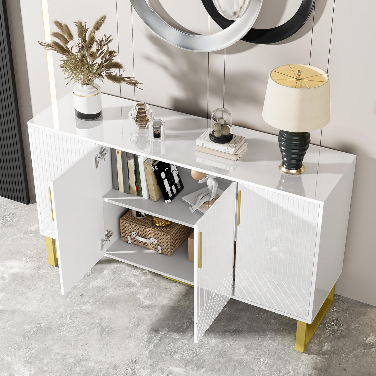 SIDEBOARD in Weiß Anrichte mit 4-Türen-Design und Metallgriffen für Wohnzimmer und Schlafzimmer, B140/T40/H80 cm - Goldfarben/Weiß, Holzwerkstoff/Metall (140/80/40cm) - STILVORA