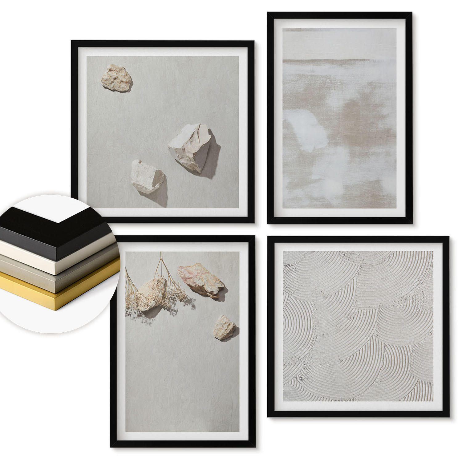 WANDBILDER 4er-Set - 50x50 cm & 40x60 cm Schwarzer Rahmen - Boho-Textur aus Sandsteinen - Schwarz, Kunststoff (50/50cm) - ArtPrintCave
