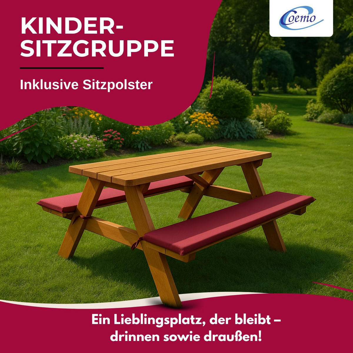 KINDERSITZGRUPPE GARTEN Holz mit Sitzauflagen Farbe Rotbraun 89/79/50 cm - Braun, Holz (79/50/89cm) - Coemo