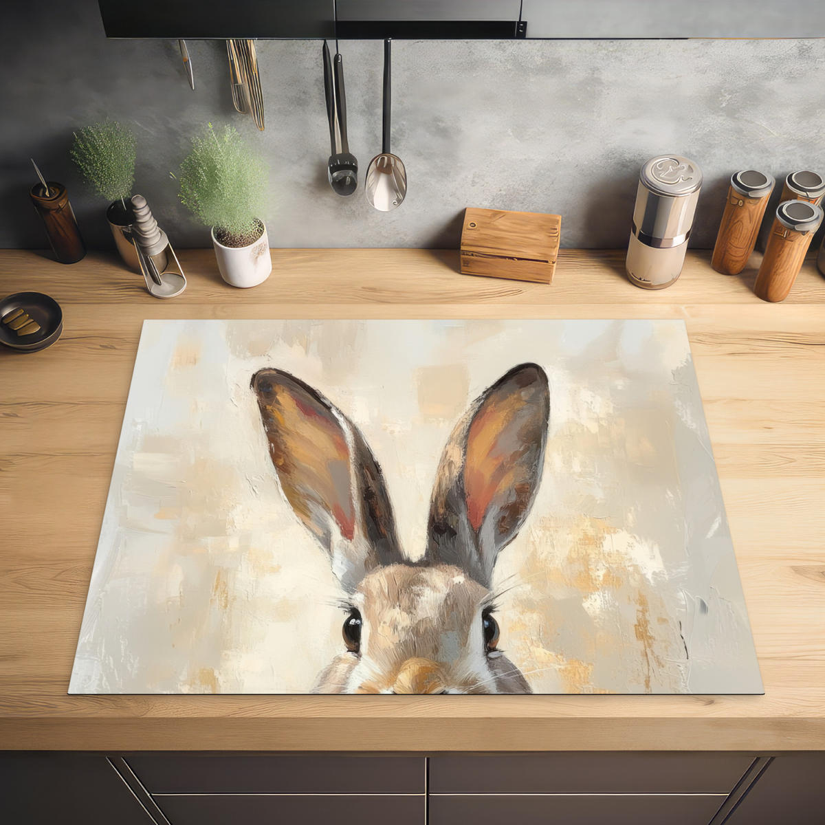 HERDABDECKPLATTE Hase - Ohren - Braun Induktionsmatte 77x59 cm - Beige, Kunststoff (77/59/0.2cm) - MuchoWow
