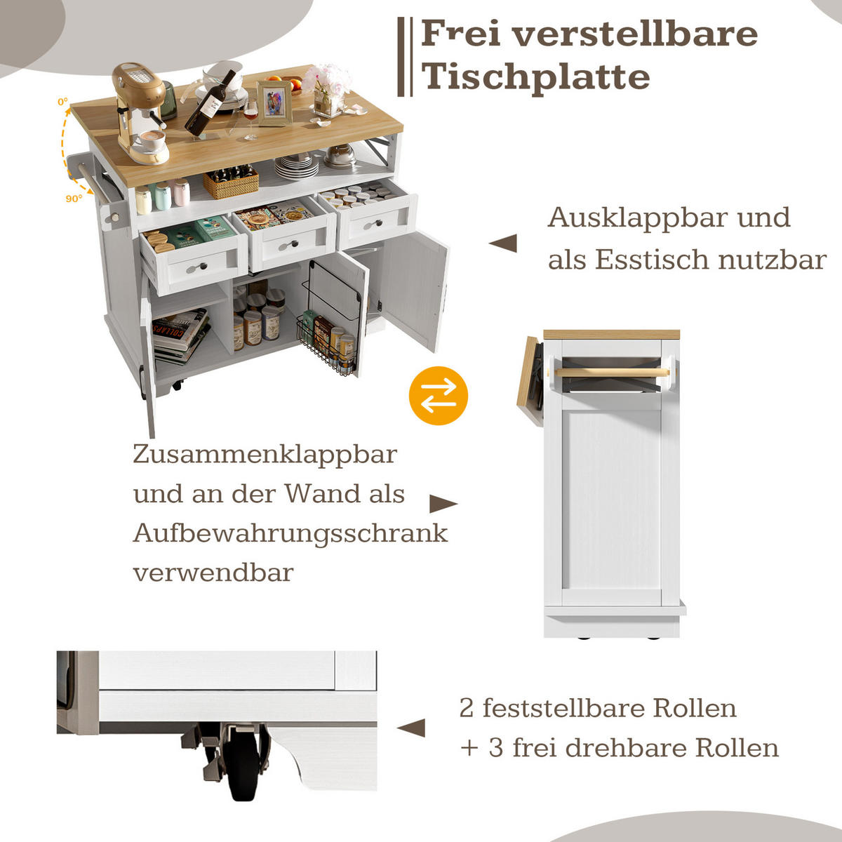 KÜCHENINSEL 118/43-70/98 cm aus MDF und Metall mit klappbarer Arbeitsplatte Weiß - Weiß, Holzwerkstoff (118/98/43cm) - Modenvie