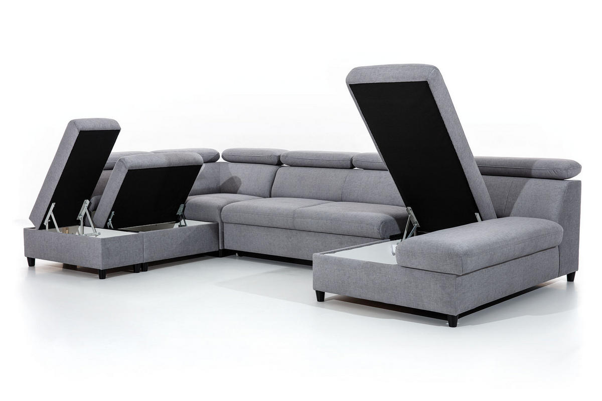 WOHNLANDSCHAFT Olettio Grau 342/205/96 cm – großes Sofa mit Schlaffunktion L - Schwarz/Grau, Holz/Textil (205/96/342cm) - AX Living