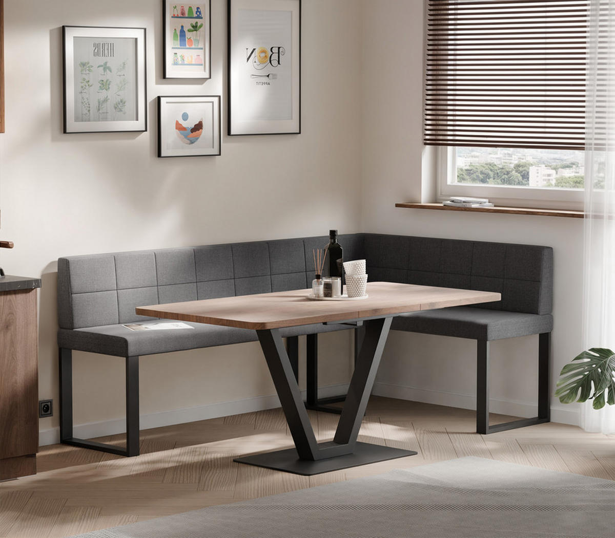 ECKBANK rechts SANA U Webstoff gesteppt, 142/196 cm Dunkelgrau - Dunkelgrau, Textil/Metall (142/196cm) - Idohome