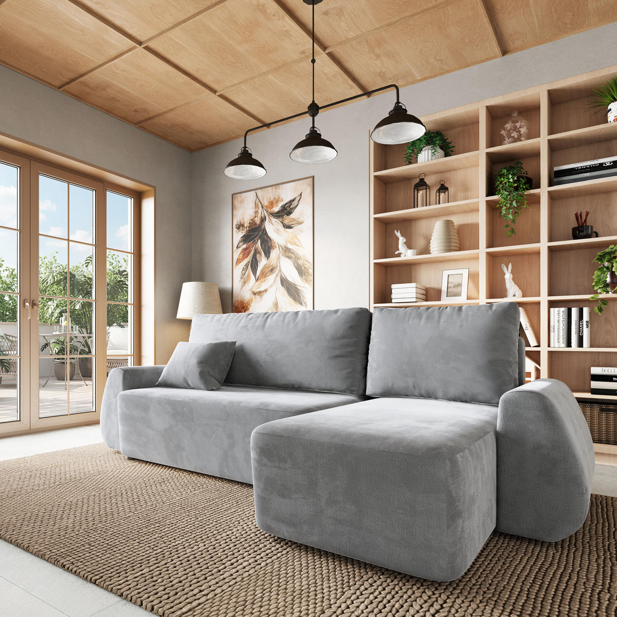 ECKSOFA GALVIS Hellgrau Velours-Stoff mit Schlaffunktion - Hellgrau, Holz (256/156cm) - MASSENO