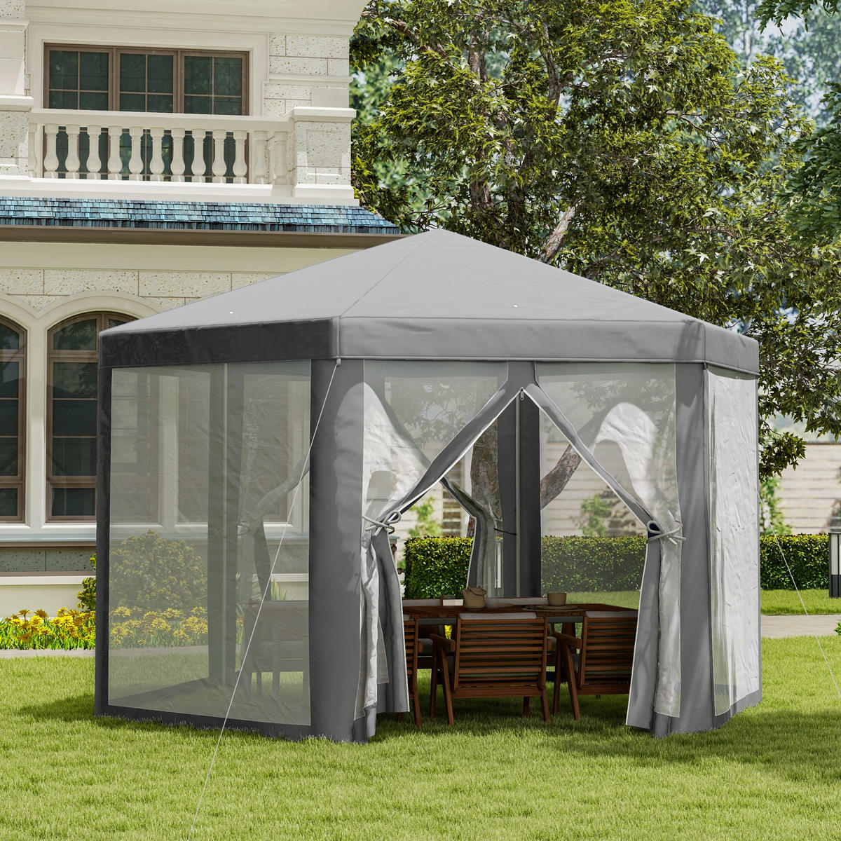 PAVILLON DE-12589 mit Moskitonetzen Grau - Grau, Metall (350/250/400cm) - ComfortXL