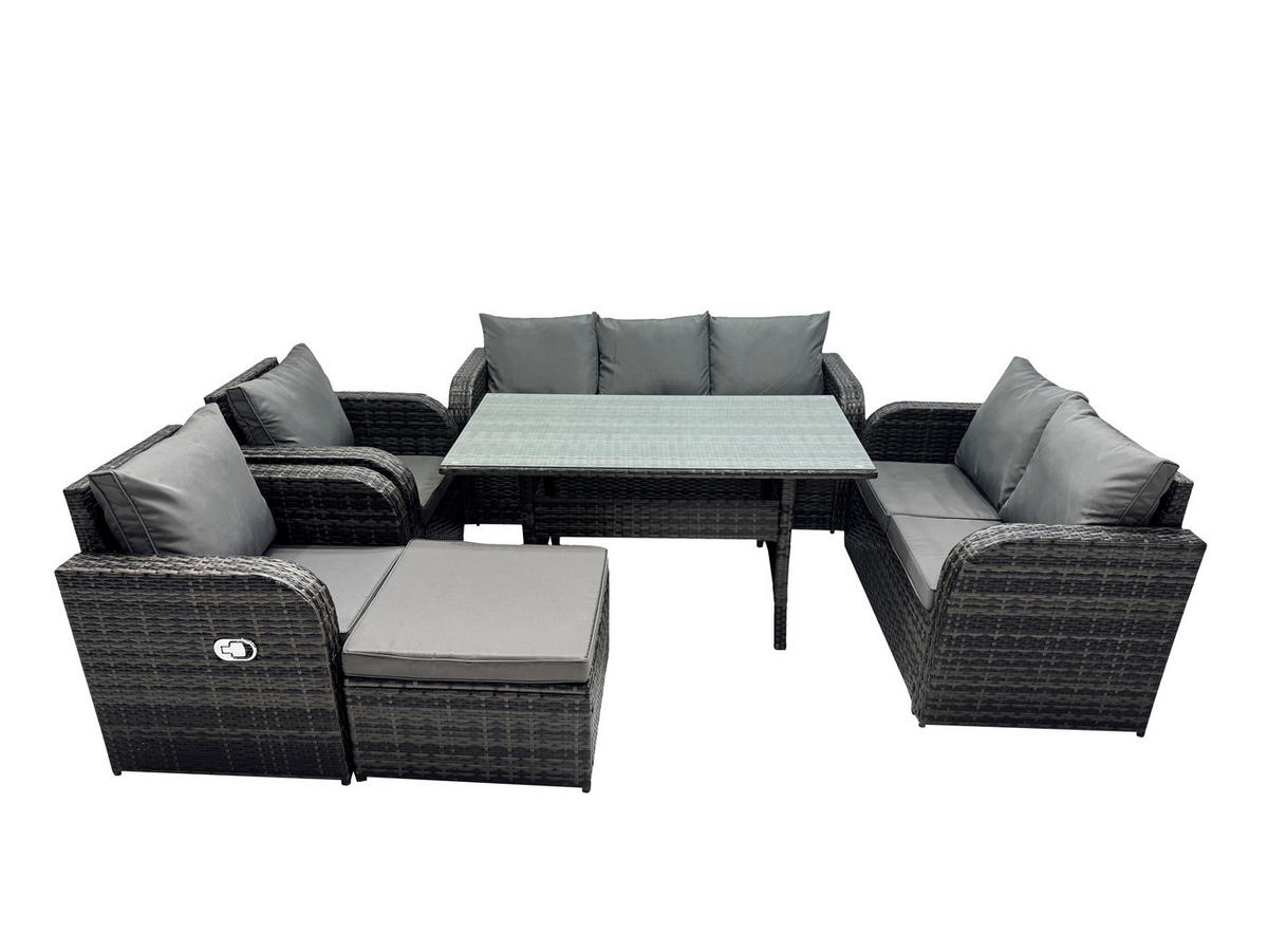 Gartenmöbelset mit Esstisch,Zweisitzer,Hocker Polyrattan Dunkelgrau 8-Sitzer - Dunkelgrau/Grau, Glas/Kunststoff - Fimous