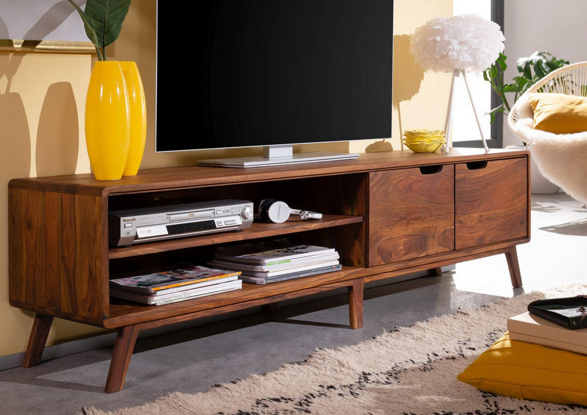 TV-BOARD Sheesham 180x40x48 walnuss gewachst MALMÖ 2 #122 - Dunkelbraun, Holz (180/48/40cm) - Massivmoebel24