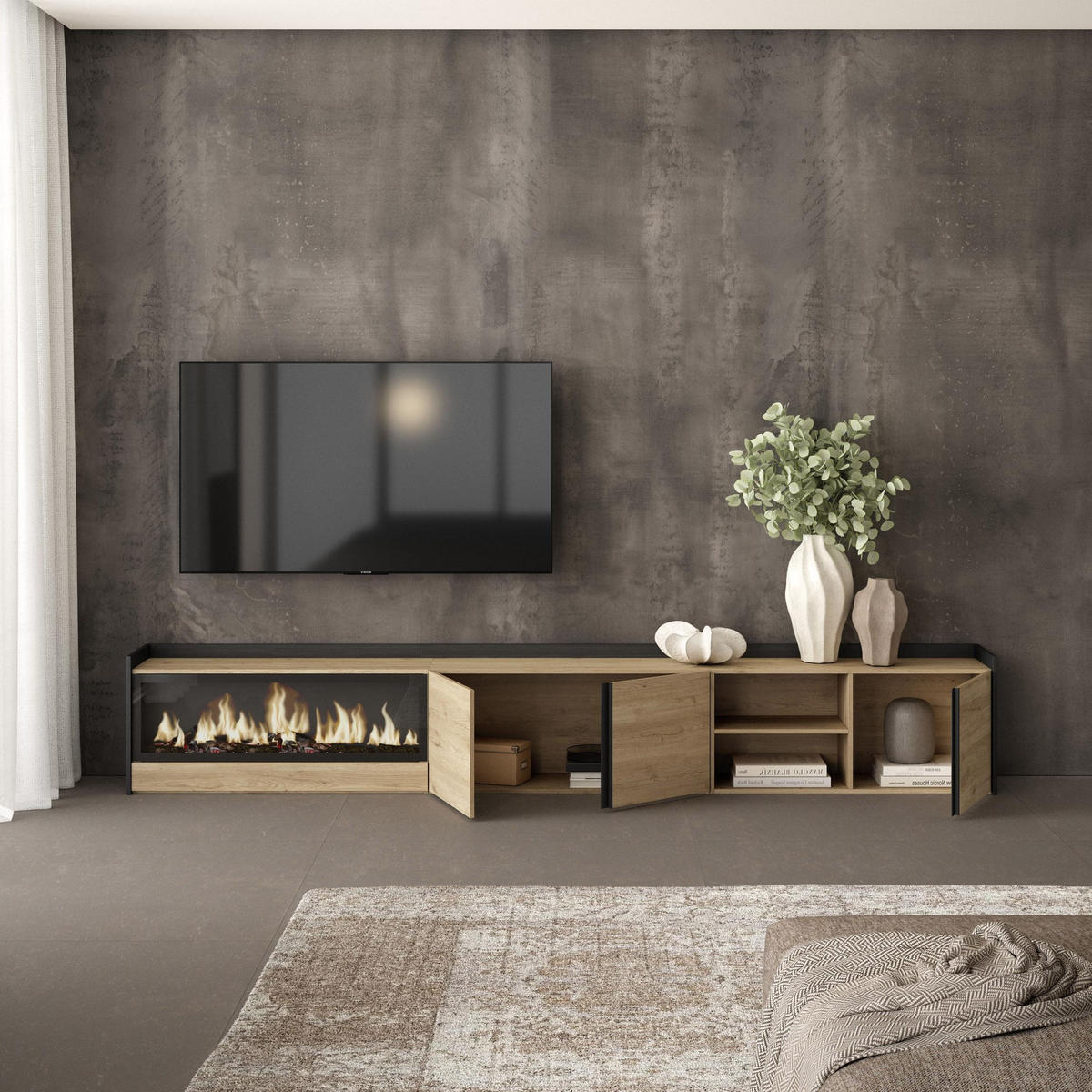 LOWBOARD, Eiche und Schwarz, 315/35/50cm, Kamin mit Feuereffekt XXL - Eichefarben, Holzwerkstoff (315/50/35cm) - Skraut Home