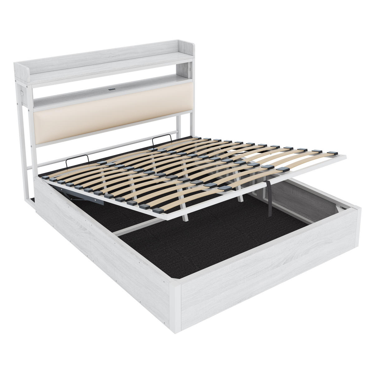 POSTEL 180/200 cm bílá z kovu, dřeva a látky s úložným prostorem a USB - bílá, kov (180/200cm) - OKWISH