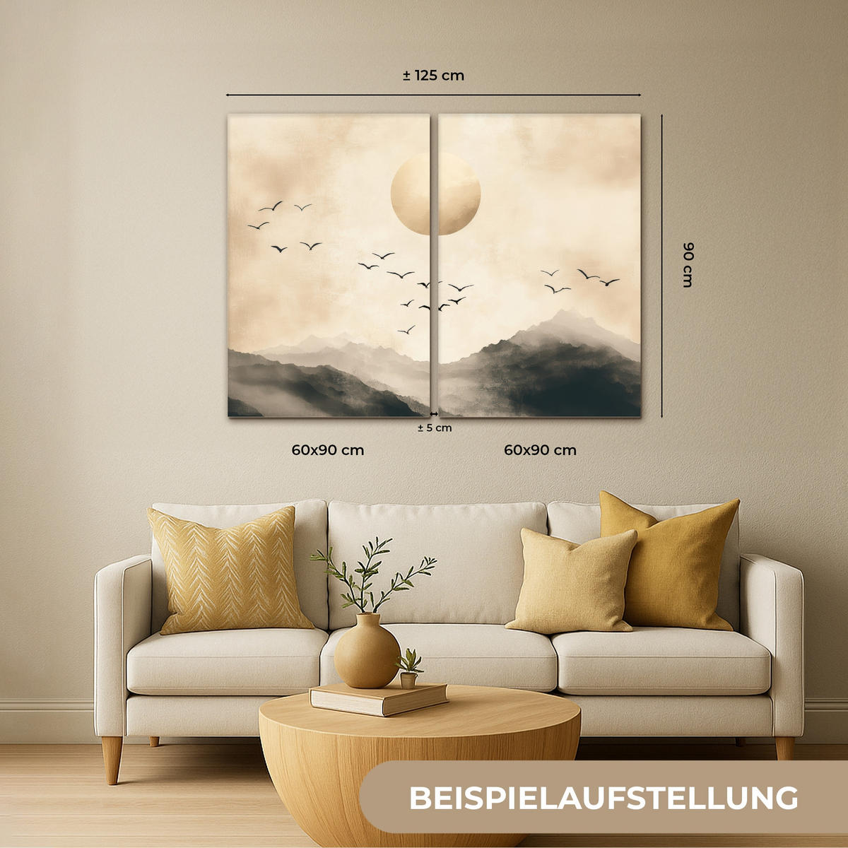 LEINWANDBILD 2er Set Landschaft - Japandi - Beige - Vögel 160x120 cm - Beige, Textil (160/120cm) - MuchoWow